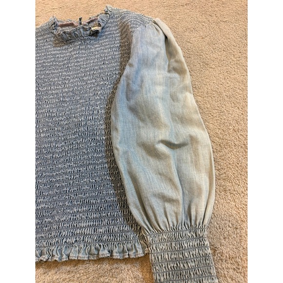 Veronica Beard Chambray Smocked Denim Top Ruffle Neck Puff Sleeve Blouse Women 2 - Picture 10 of 16